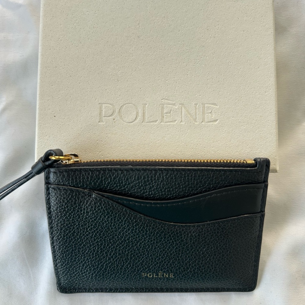 Polène Black Leather Card Holder with Gold Accents